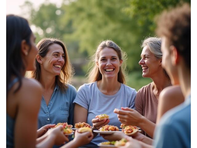 Diverse group of adults 35+ smiling during an outdoor wellness community gathering in Austin